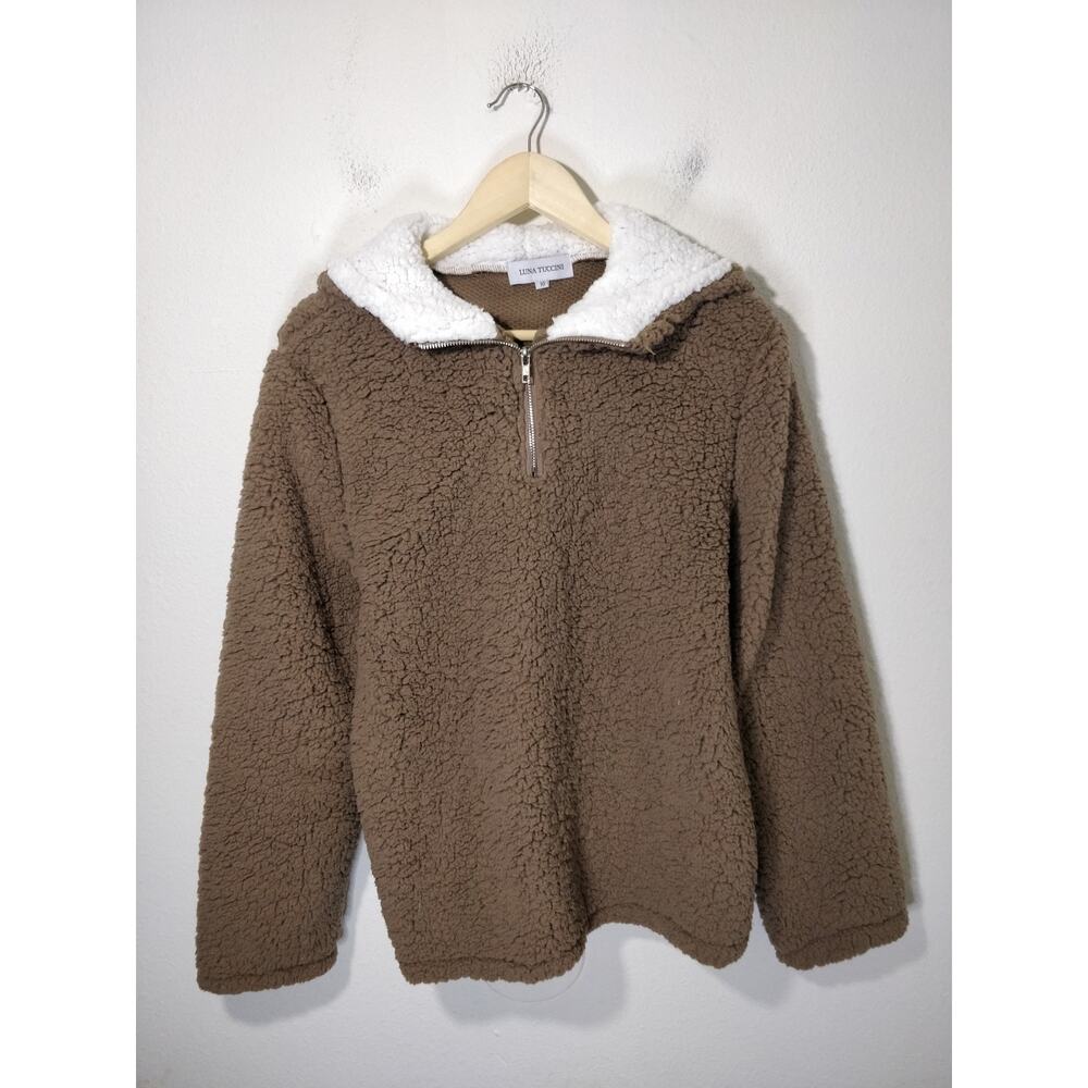 Luna Tuccini Brown Sherpa Fleece Fill Zip Hooded Sweater Jacket Size 10